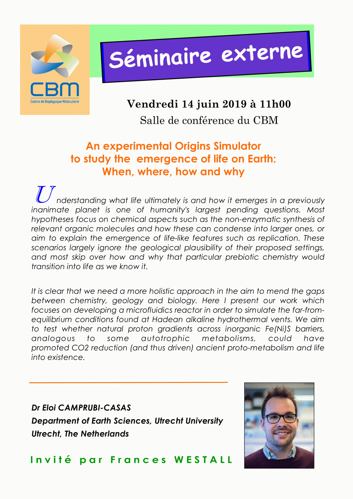 June 14, 2019 – External seminar – Dr Eloi Camprubi-Casas