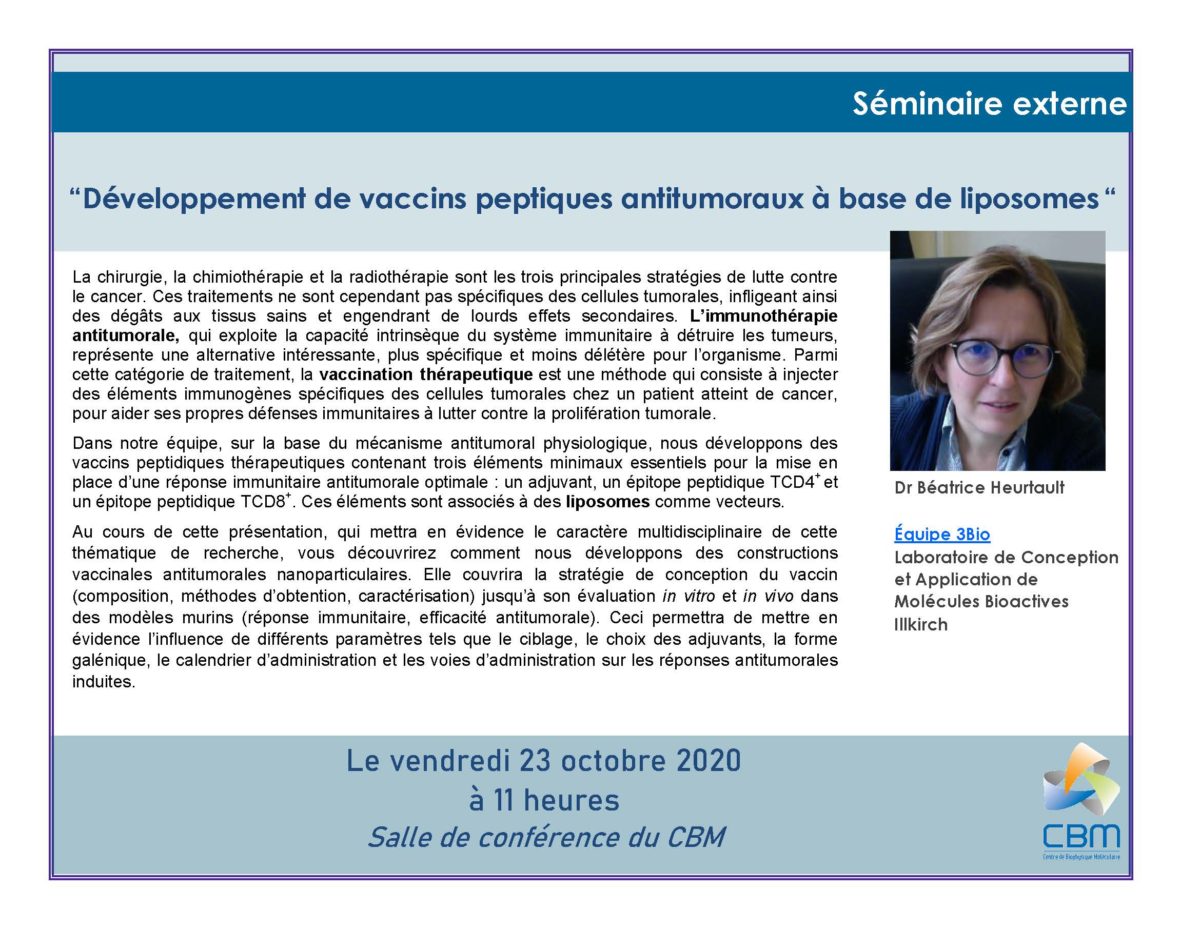 October 23rd, 2020 – External seminar externe Dr Béatrice Heurtault, Laboratoire de Conception et Application de Molécules Bioactives, Illkirch